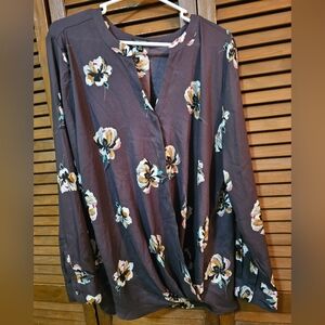 Ann Taylor Long Sleeve Floral Blouse With Twist Front Detail